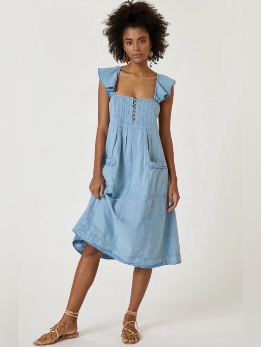 Anthropologie Pilcro Linen Blend Cutout Midi Dress Blue XS Cottagecore Boho
